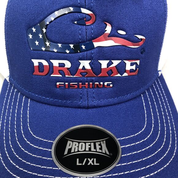 Drake DPF Fishing Hat Blue Mens L/XL Stretch Fit Ball Cap USA Flag Logo New NWT - Picture 4 of 8